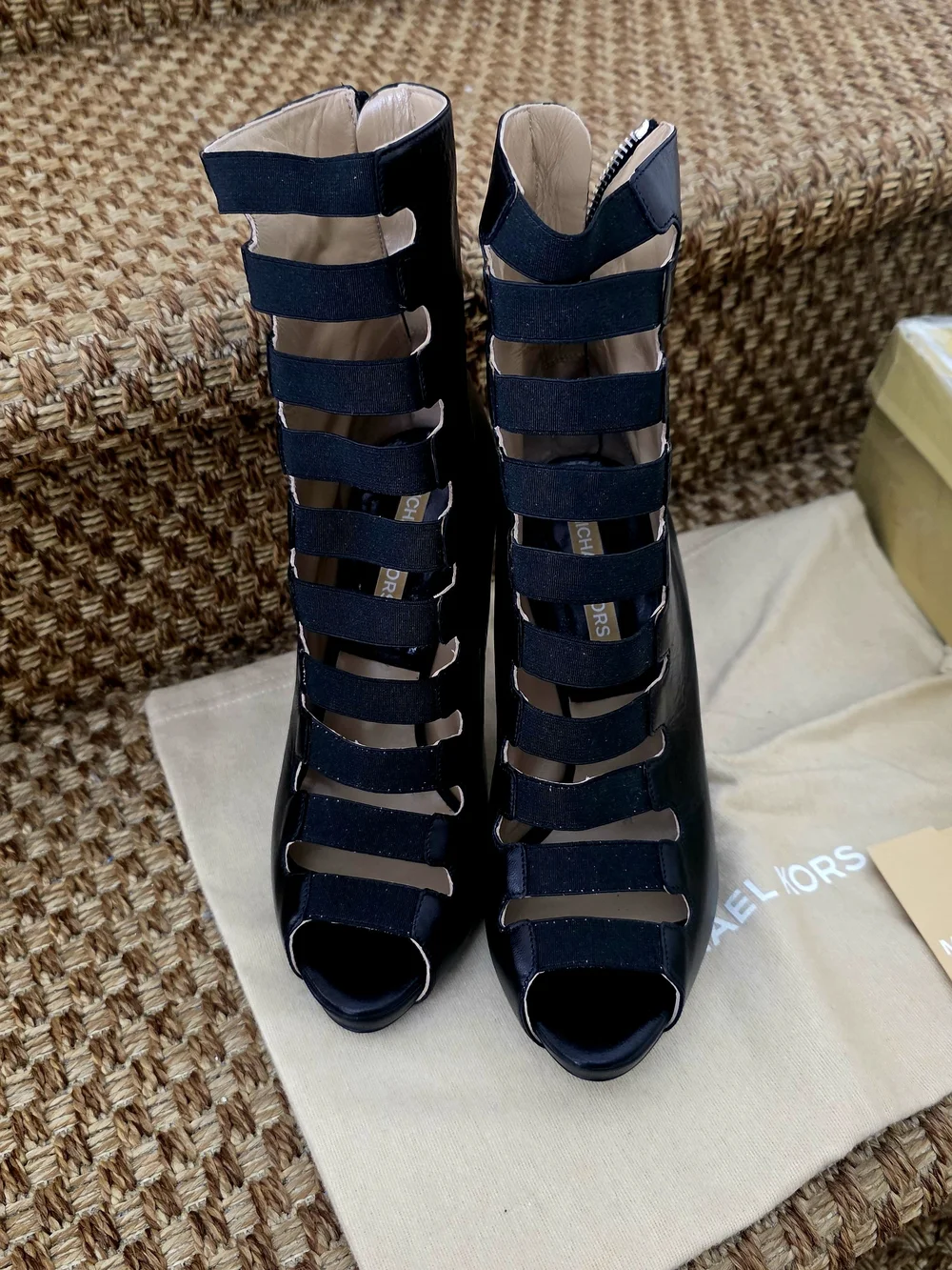 Michael Kors Black Strappy Peep-Toe Leather Ankle Booties. NWT.